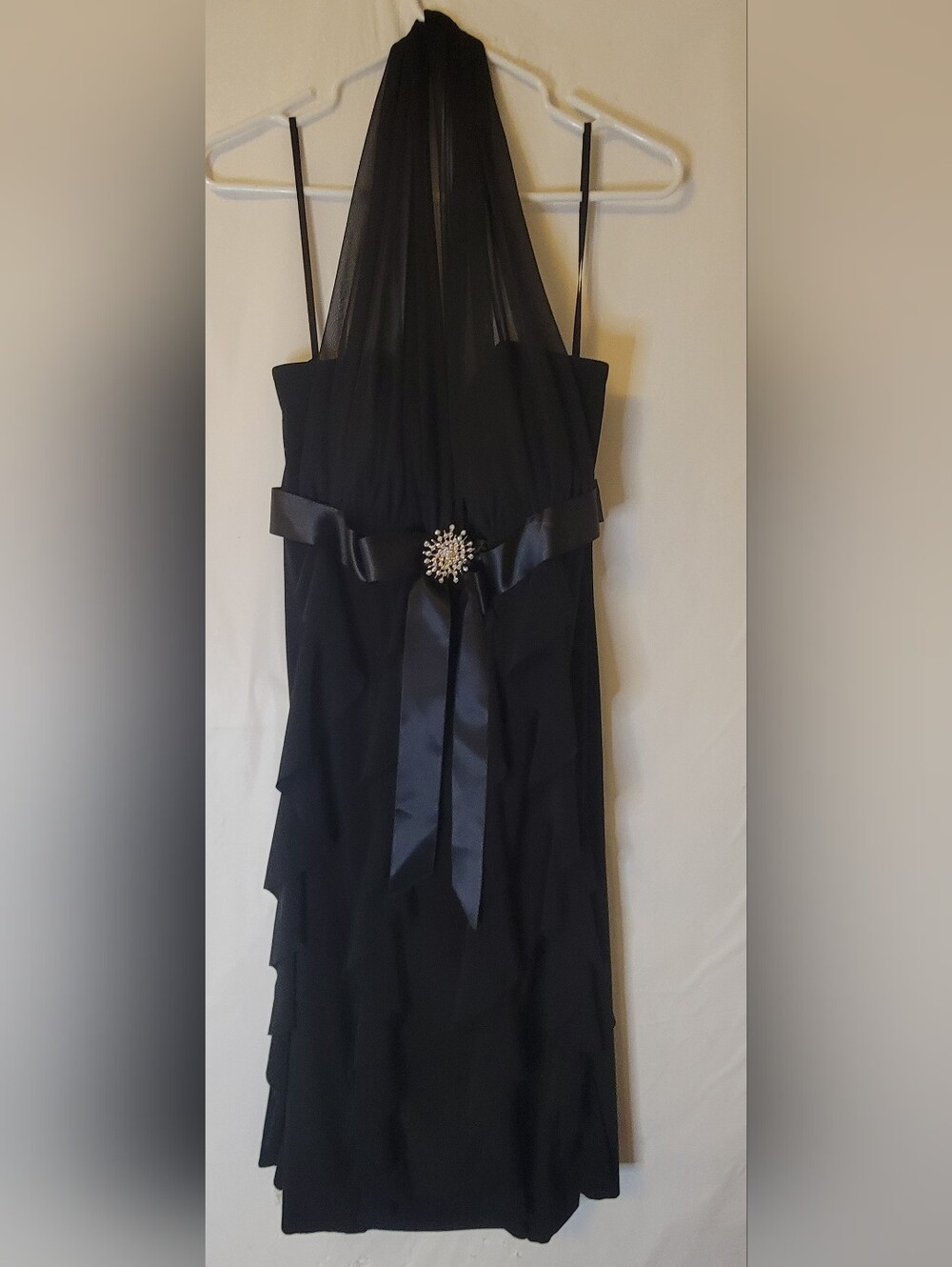 Betsy & Adam Black Strapless Evening Dress with Satin Bow and Brooch